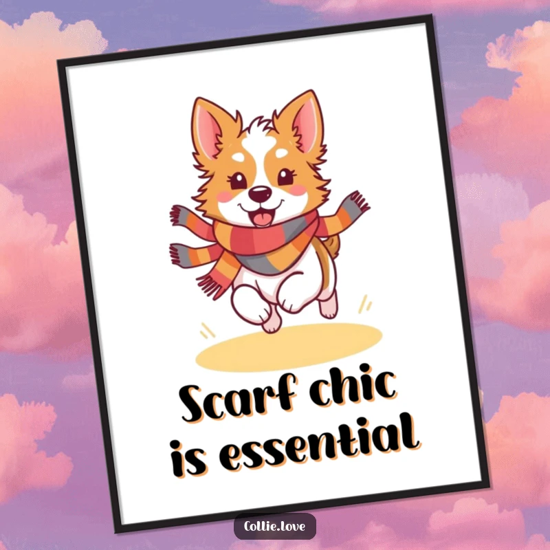 Funny Kawaii Collie poster featuring a delightful illustration of a dog in a colorful scarf, running joyfully.