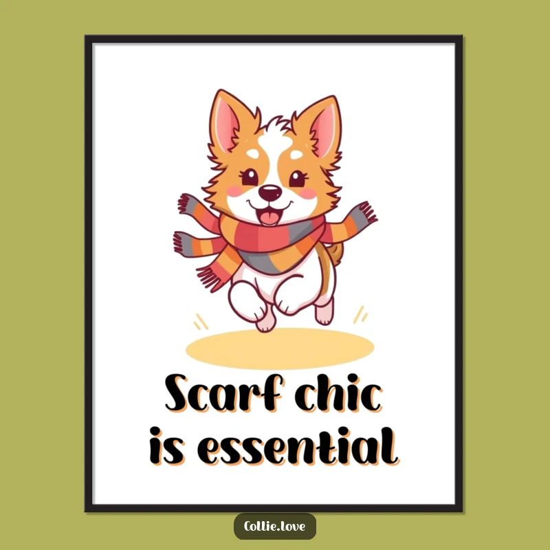 Funny Kawaii Collie Scarf Poster - Joyful Running Dog Art Print