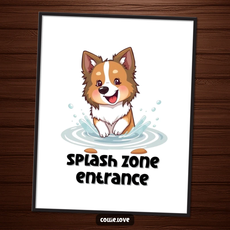 Funny Collie dog poster, happily splashing in a shallow stream with visible delight, capturing the essence of carefree water fun.