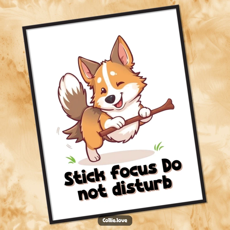 Funny Collie dog poster, tail wagging, enthusiastically bringing back a stick, capturing a moment of peak canine happiness.