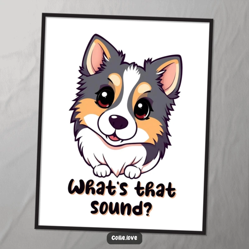 Funny Kawaii Collie Poster displaying a dog’s head tilted inquisitively, adding humor and cuteness to wall decor.