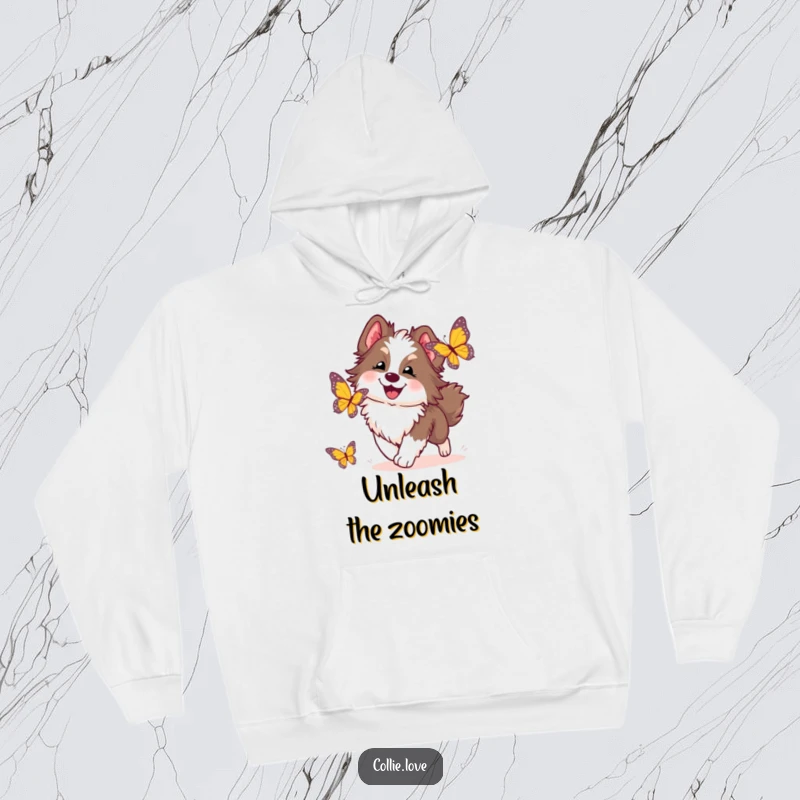 Funny Collie Dog Hoodie: A fluffy Collie enthusiastically pursuing a butterfly, capturing a moment of pure, unadulterated fun and excitement.