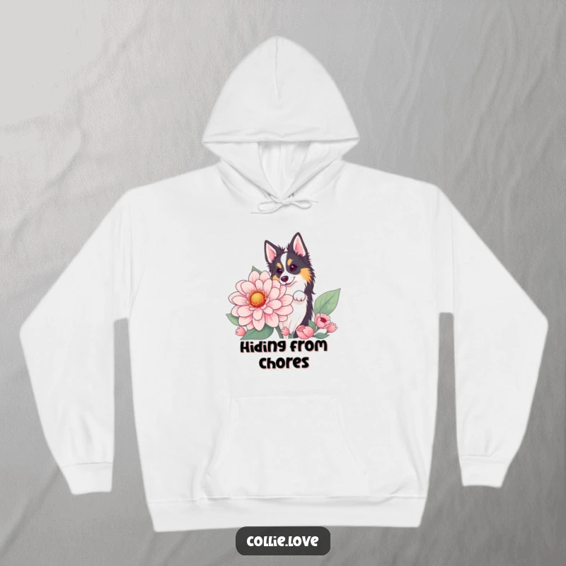 Funny Collie flower peek hoodie with a dog hiding behind a giant blossom. Warm and humorous funny gift.