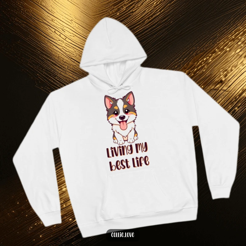 Funny happy Collie panting hoodie with its tongue out, showing pure joy. Cozy funny gift.