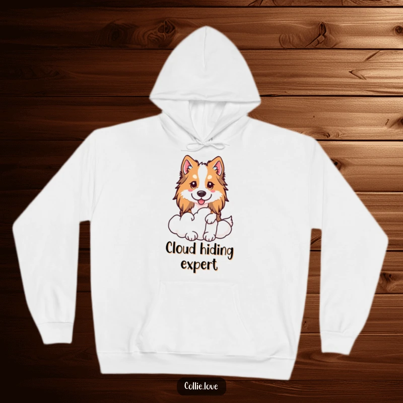 Funny Kawaii Collie Hoodie, a dog peeking from behind a cloud, soft and cozy.