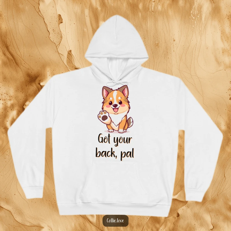 Funny Kawaii Collie Hoodie, a dog offering its paw with a friendly smile, cozy and warm.