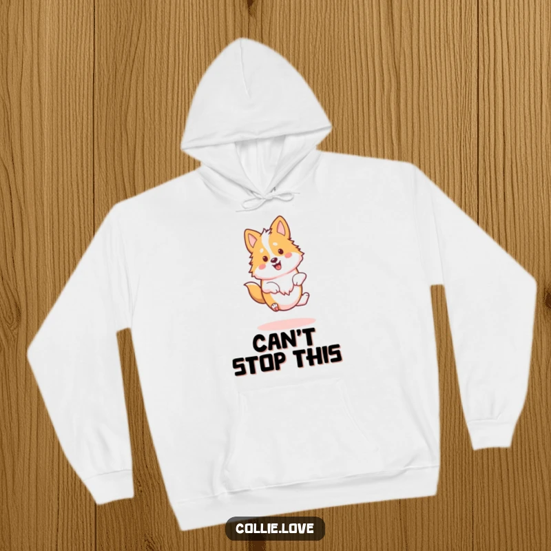 Funny Kawaii Collie Hoodie, a dog doing a happy twirl, looking blissful and cozy.