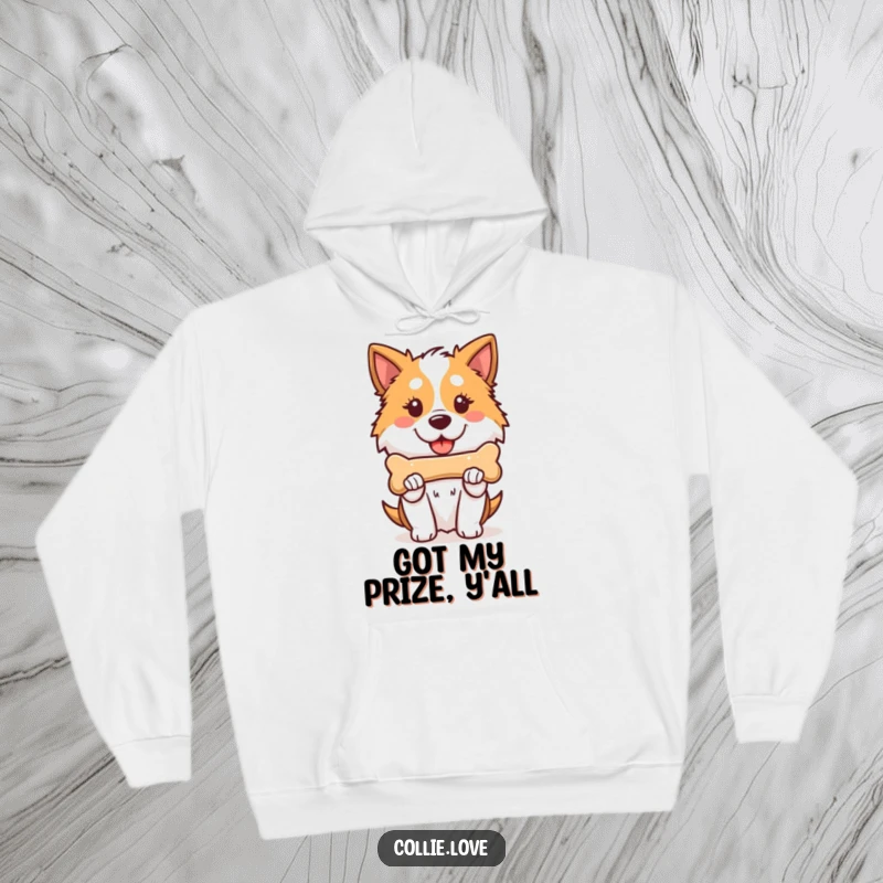 Funny Kawaii Collie Hoodie, a proud doggy with floppy ears holding a bone, looking incredibly pleased and warm.