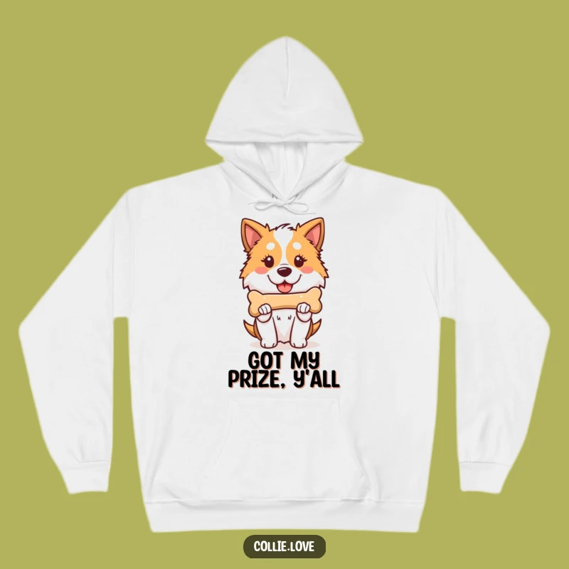 Cozy Funny Kawaii Collie Hoodie, Proud Dog Holding Bone, Warm Collie Gift