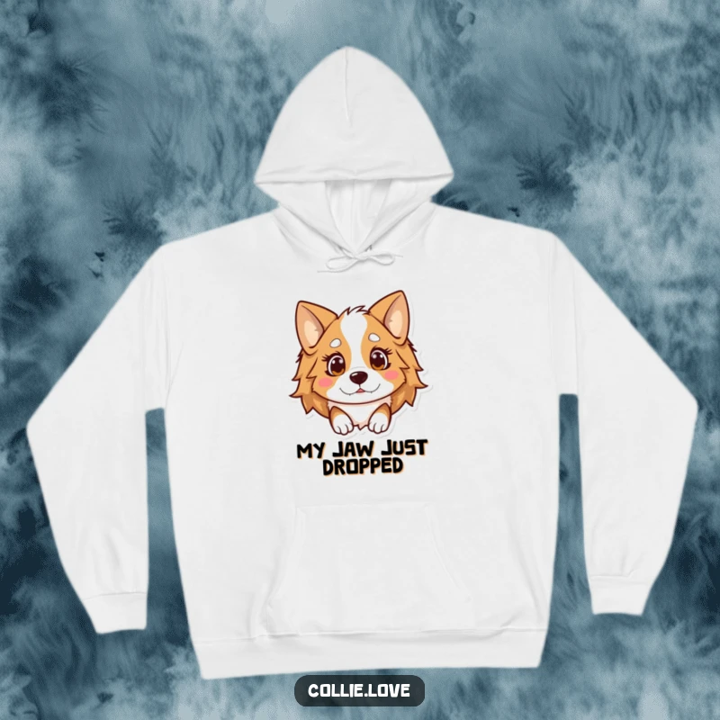 Funny Kawaii Collie Hoodie, a cute dog with ears flopped over, looking extremely surprised and a little scared.