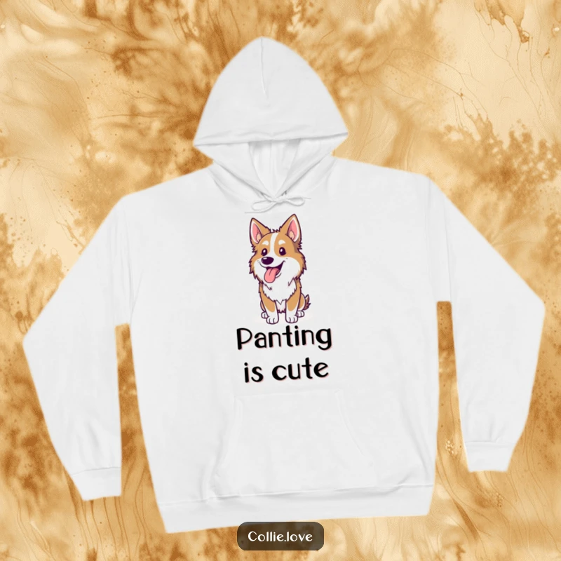 Funny Collie hoodie, tongue lolling out, happily panting after a run, a hilarious depiction of canine satisfaction, great funny gift.