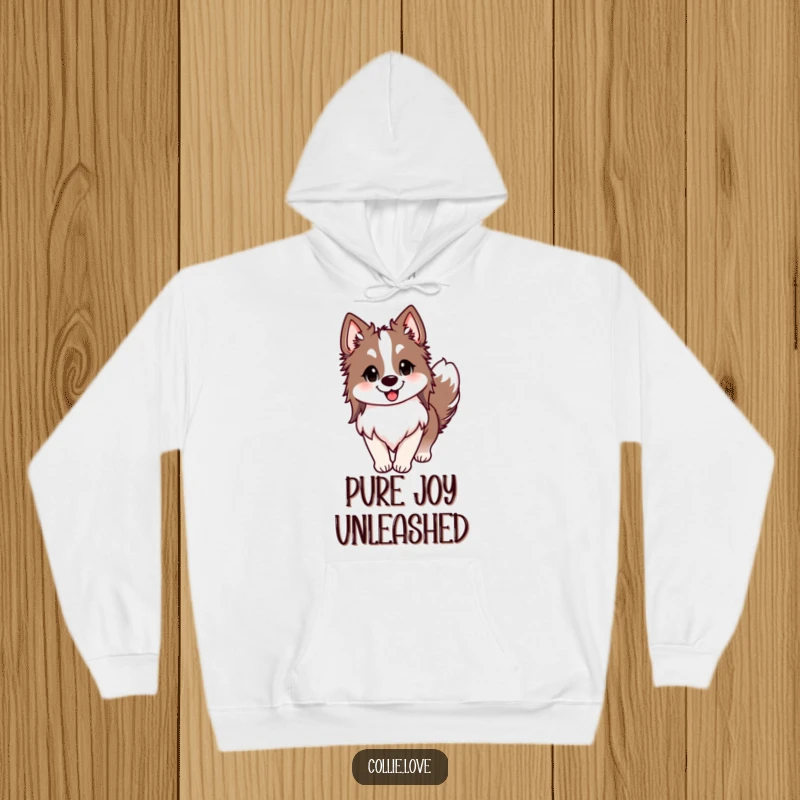 Funny Collie hoodie, ears perked, tail wagging with immense speed, and a wide happy smile, showcasing delightful doggy energy, great funny gift.