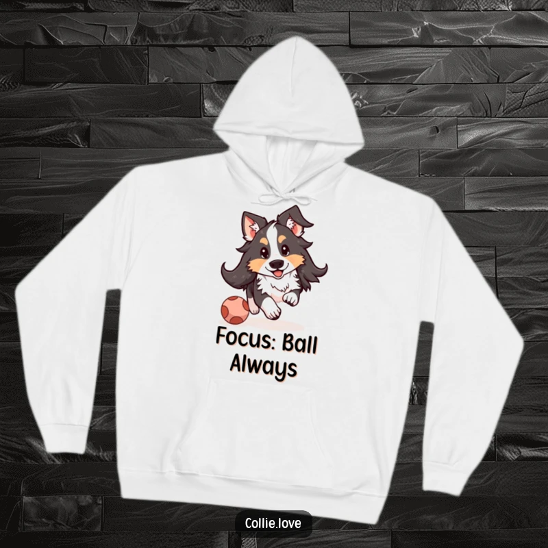 Funny Kawaii Collie hoodie showing a cute dog with floppy ears in energetic pursuit of a bouncing ball, perfect for cozy wear.