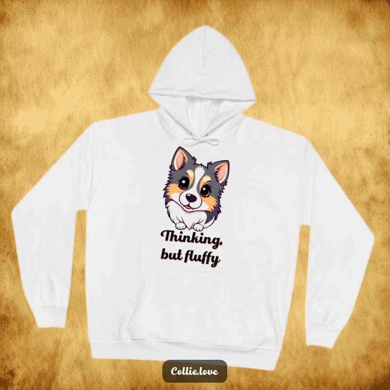 Funny Kawaii Collie Hoodie with a cute dog tilting its head inquisitively, offering warmth and humor for all.