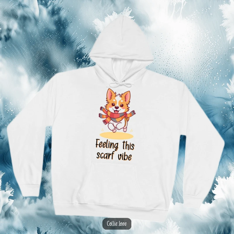 Funny Kawaii Collie hoodie featuring a smiling dog in a colorful scarf, running joyfully, perfect for chilly days.