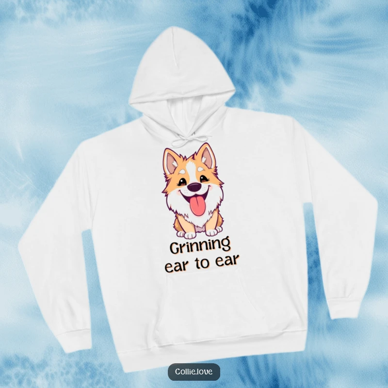 Funny Kawaii Collie Hoodie featuring a cute dog with a silly grin and tongue out, offering comfort and humor.