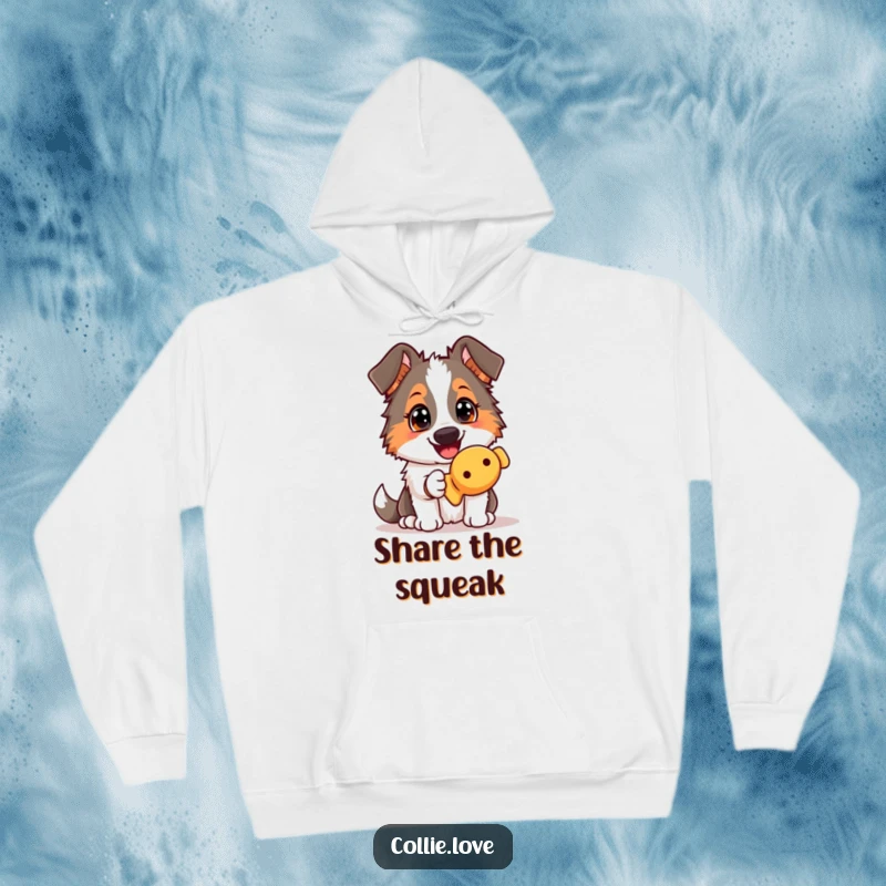 Funny Collie dog hoodie, presenting a squeaky toy with an eager gaze, radiating warmth, happiness, and playful canine energy.