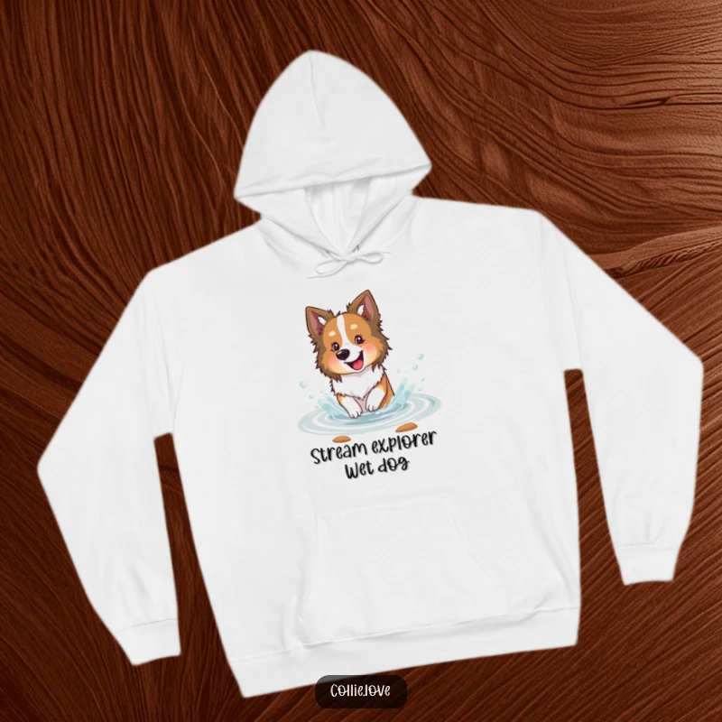 Funny Collie dog hoodie, happily splashing in a shallow stream with delight, radiating joy and a love for water play.
