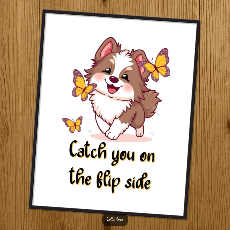Funny Free Printable Wall Art depicting a joyful Collie dog leaping after a brightly colored butterfly.