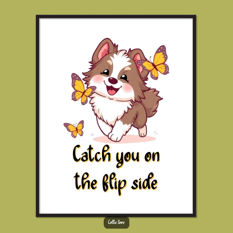 Free Printable Wall Art: Funny Collie Dog Chasing Butterfly, Joyful Downloadable Art