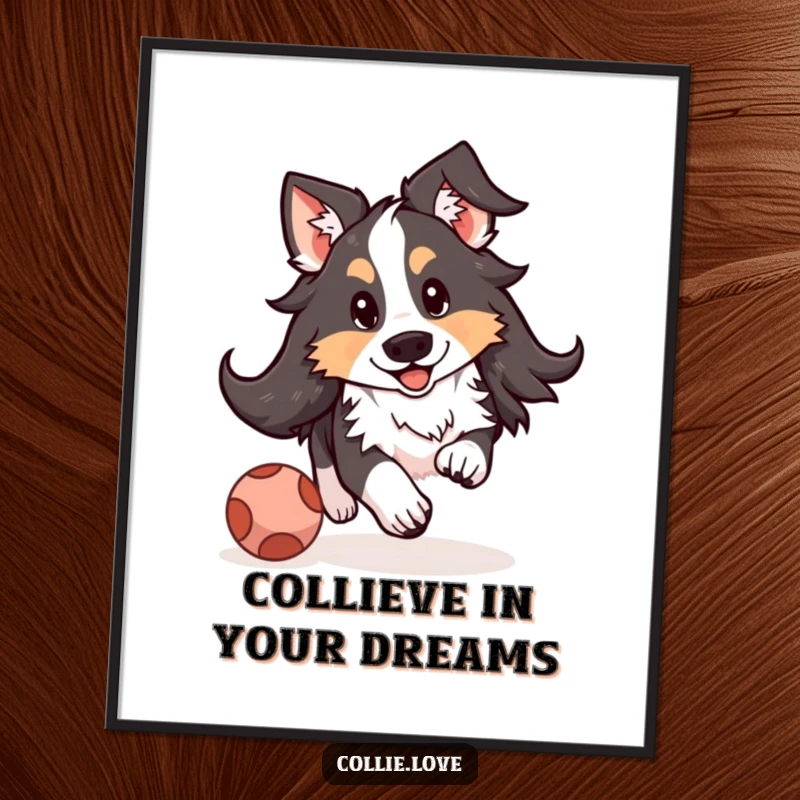 Funny Free Printable Collie Wall Art: A cute dog with floppy ears is focused on a bouncing ball.