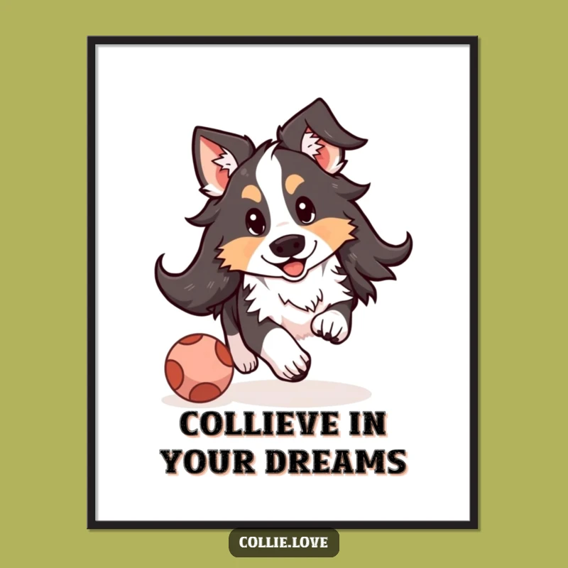 Free Printable Collie Wall Art: Funny Floppy-Eared Dog Ball Chase Downloadable Decor