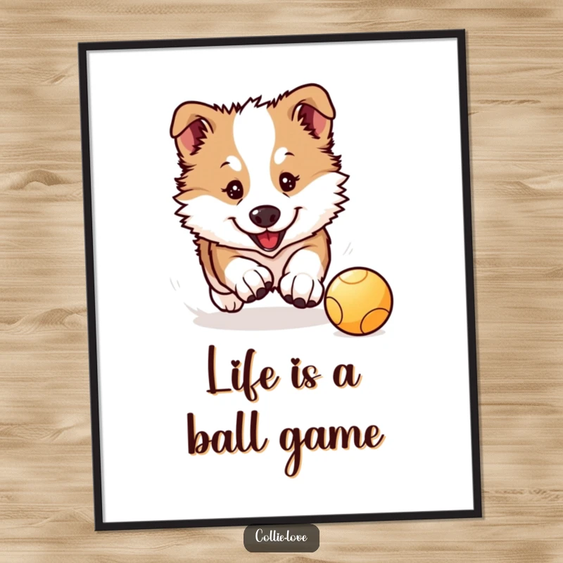 Cute Free Printable Wall Art: Kawaii Collie puppy intently chasing a bouncing ball, adding playful decor.