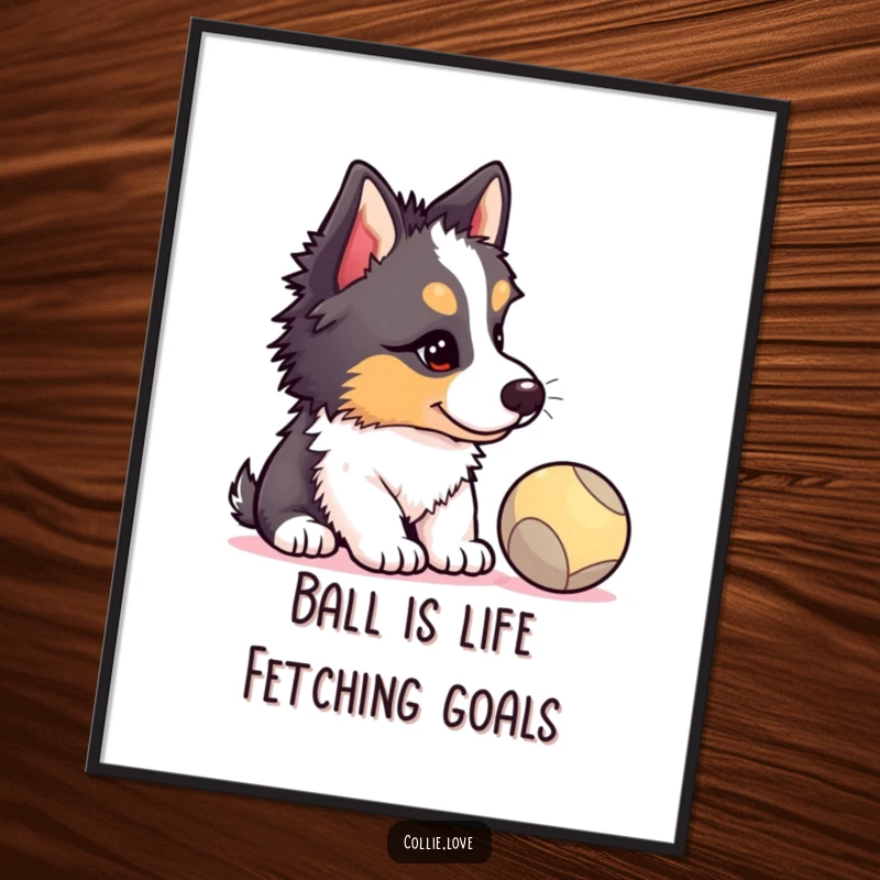 Funny Free Printable Collie Puppy Wall Art: A charming puppy with head tilted, fixated on a bouncing ball, adding whimsy to decor.