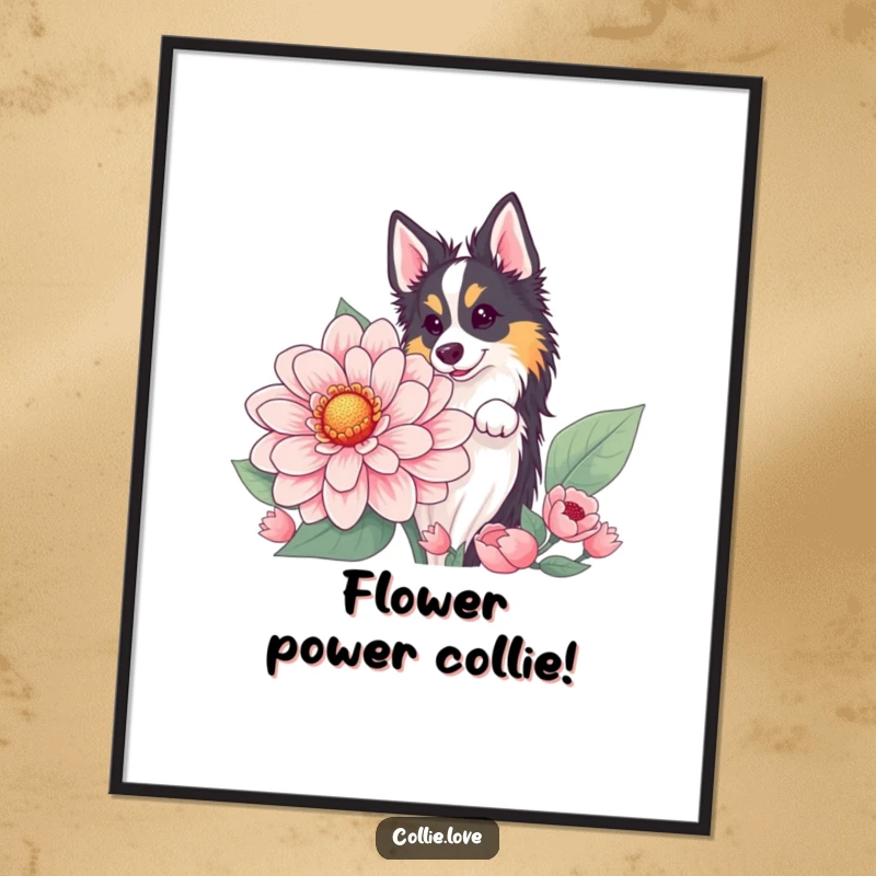 Funny free printable wall art of a Collie dog curiously peeking around a massive, oversized flower.