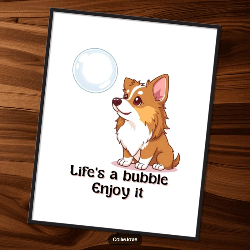 Funny Free Printable Wall Art of a curious Collie dog tilting its head, intently watching a floating bubble.
