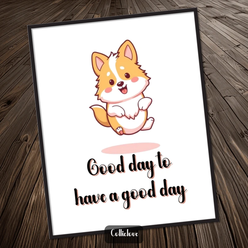 Funny Free Printable Wall Art of a Kawaii Collie doing a happy little spin, bringing energy and fun to your walls.
