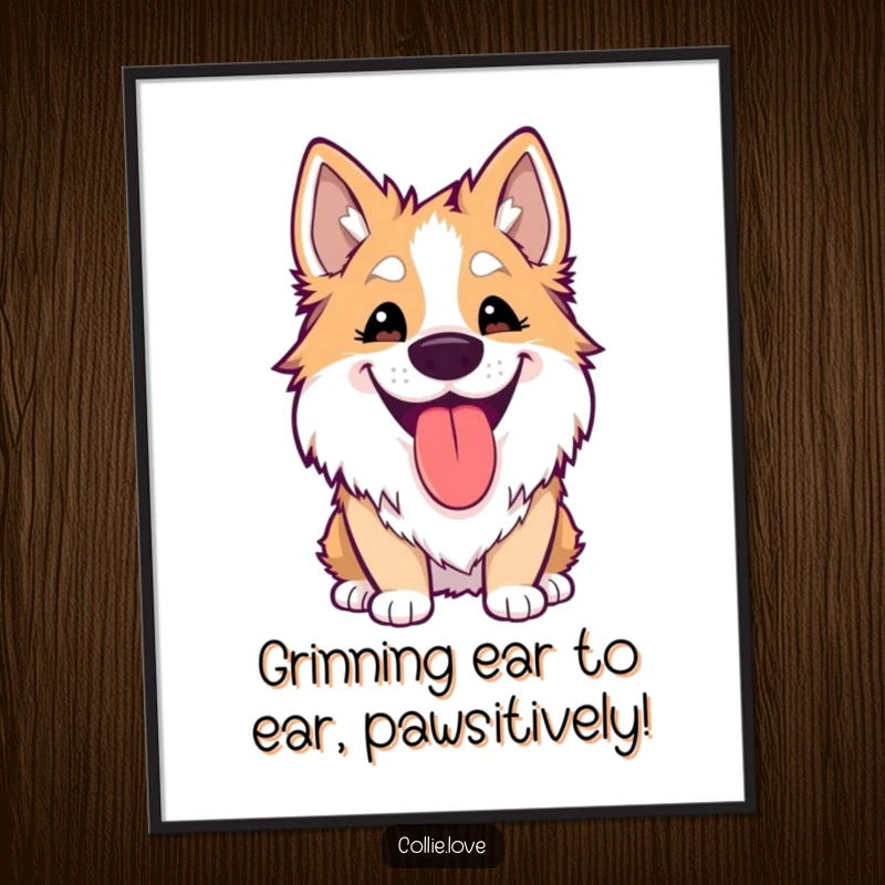 Funny Free Printable Wall Art: Kawaii Collie sports a wide, silly grin with tongue lolling out, bursting with happiness.