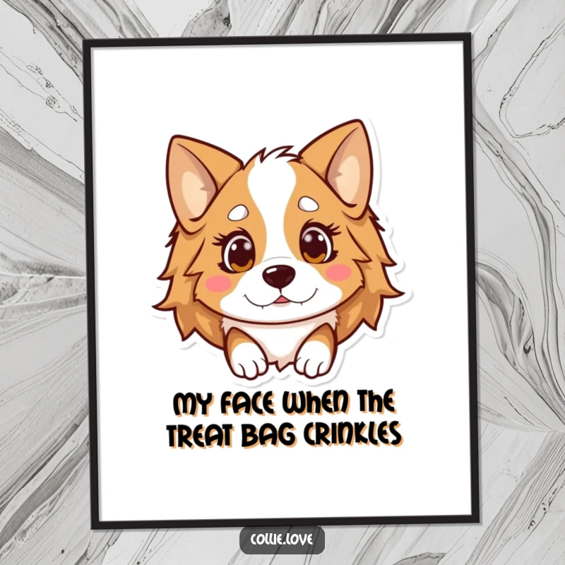 Funny Free Printable Wall Art of a Kawaii Collie with floppy ears looking surprised, adding a humorous personality to your decor.