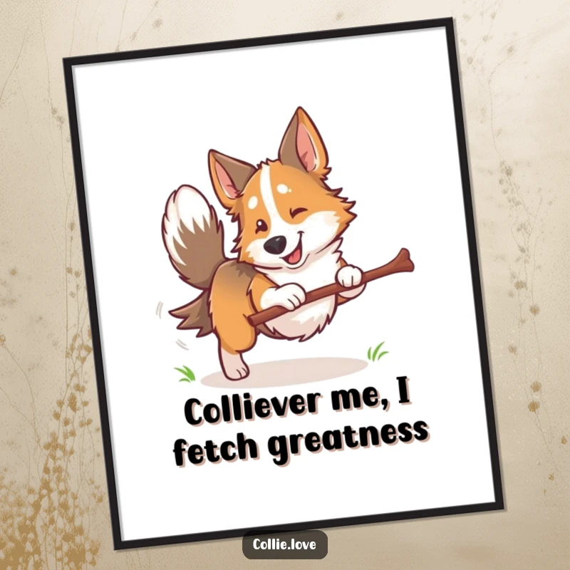 Funny Free Printable Wall Art: A joyful Collie dog leaping to catch a stick, pure happiness.