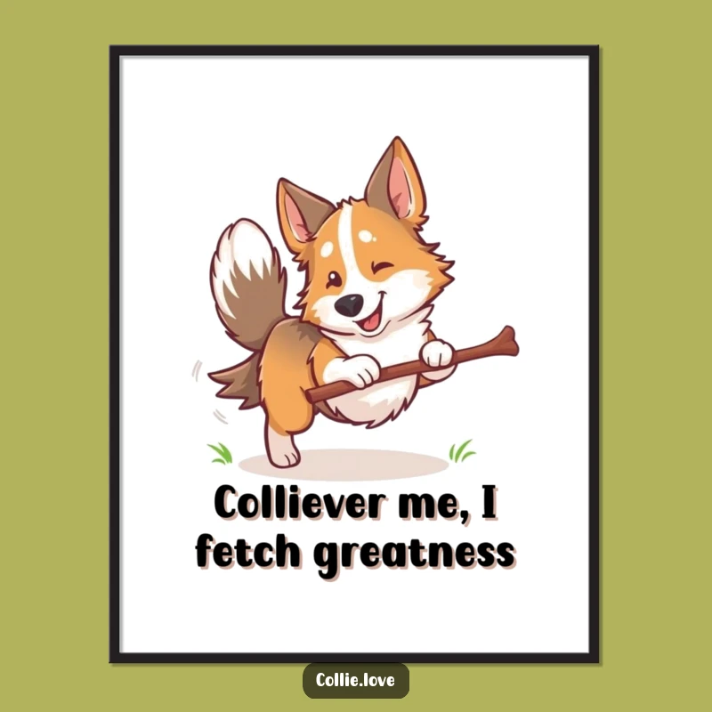 Funny Free Printable Wall Art: Energetic Collie Fetching Stick, Playful Dog Downloadable Art