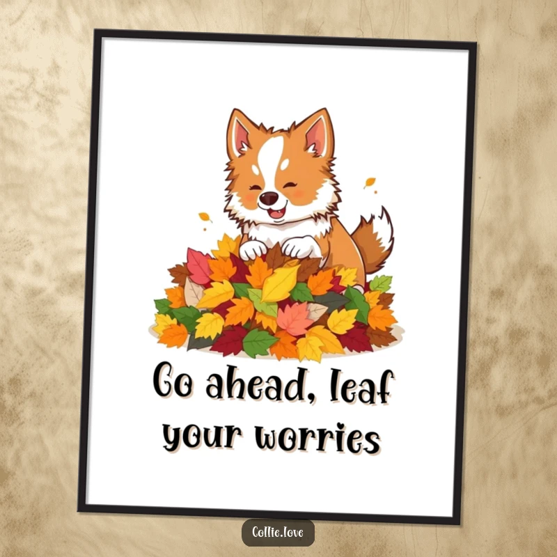 Funny Free Printable Wall Art: A happy Collie playfully nudges a scattered pile of vibrant autumn leaves.