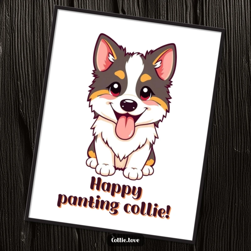Funny free printable wall art of a happy Collie dog panting with its tongue out in pure joy.