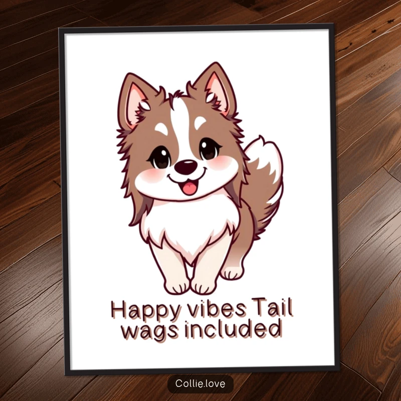 Funny Free Printable Collie Wall Art: A happy Collie dog with perked ears and a big smile, tail wagging with pure delight.