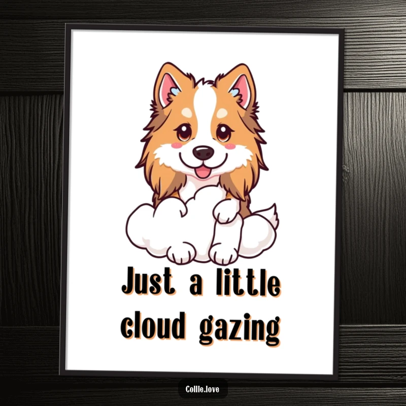 Funny Free Printable Wall Art of a Kawaii Collie peeking from behind a fluffy cloud, adding a sense of wonder and humor.