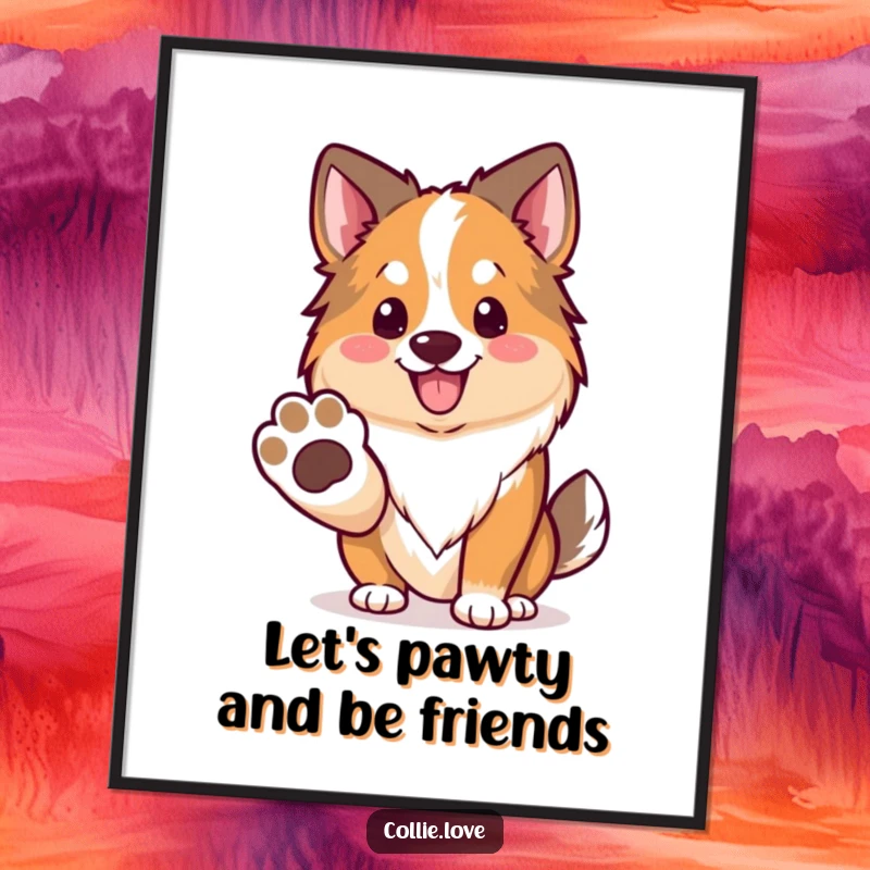 Funny Free Printable Wall Art of a Kawaii Collie offering a paw with a friendly smile, embodying warmth and welcome.