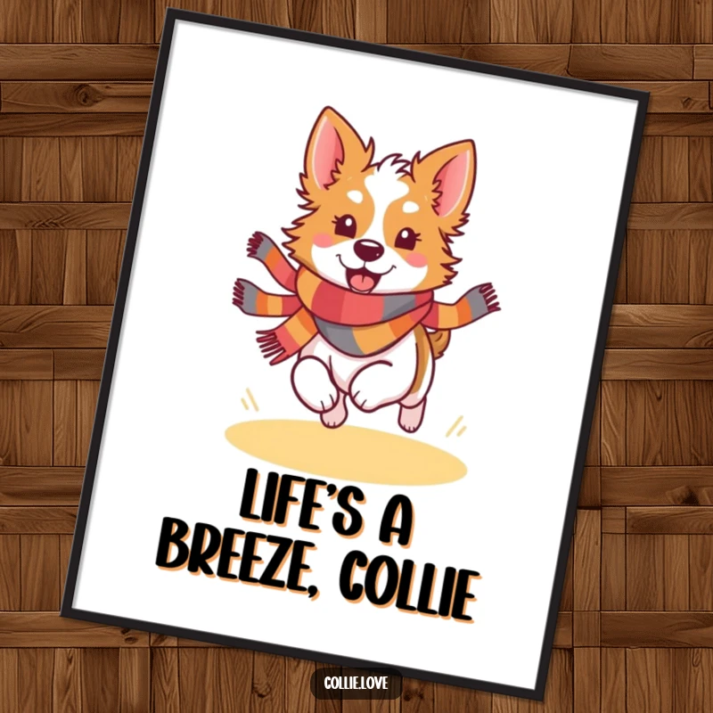 Funny Free Printable Collie Wall Art: A dog wearing a vibrant scarf is captured running joyfully.