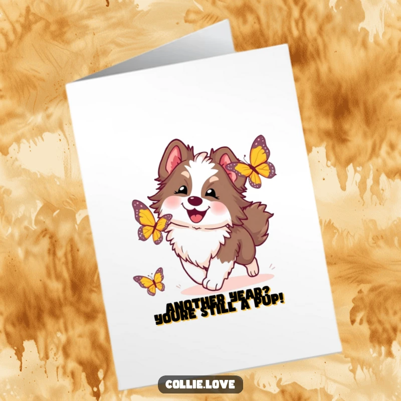 Funny Free Printable Birthday Card featuring a fluffy Collie dog joyfully bounding after a vibrant butterfly.
