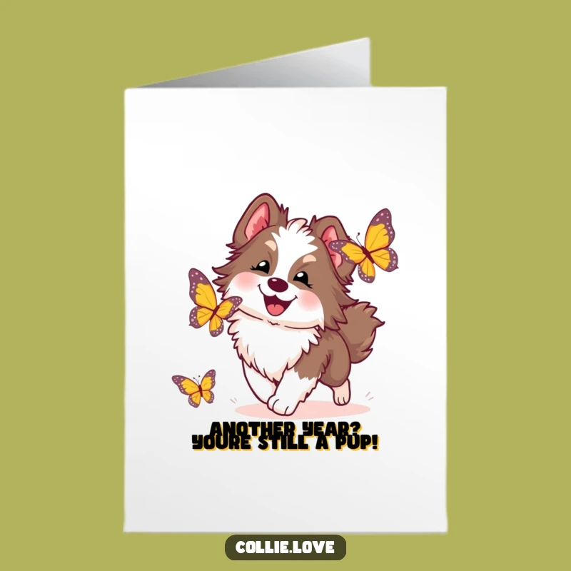 Free Printable Birthday Card: Funny Collie Dog Chasing Butterfly, Joyful Downloadable Gift