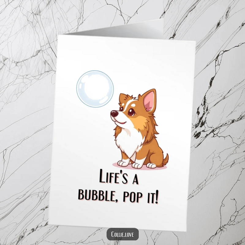 Funny Free Printable Birthday Card: A curious Collie dog tilts its head, mesmerized by a floating bubble.