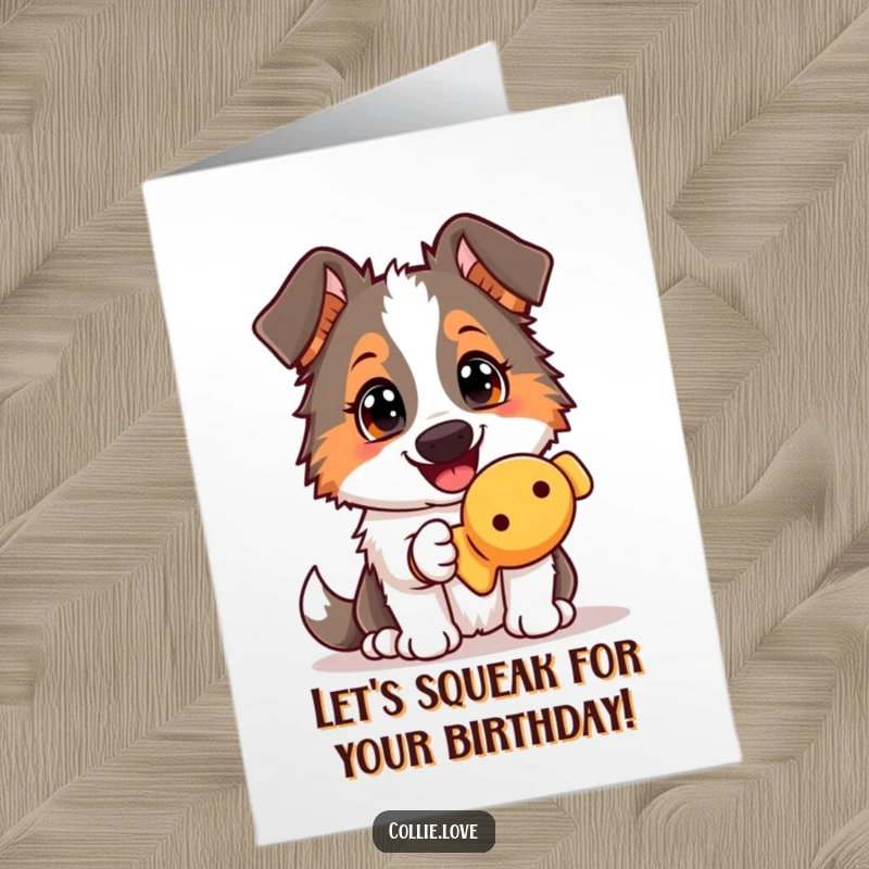 Funny Free Printable Birthday Card: Happy Collie dog offers a squeaky toy with an adoring gaze.