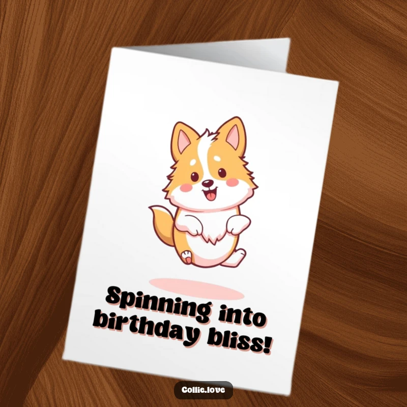 Funny Free Printable Birthday Card: a Kawaii Collie joyfully spinning, celebrating a birthday with pure delight.