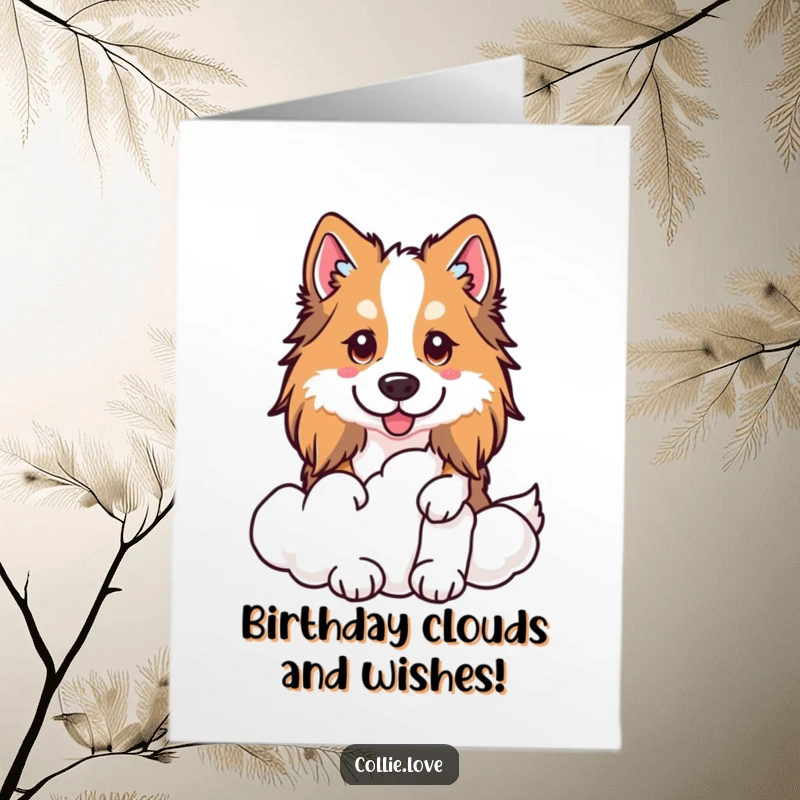 Funny Free Printable Birthday Card: a Kawaii Collie peeking coyly from behind a soft cloud, a sweet surprise.