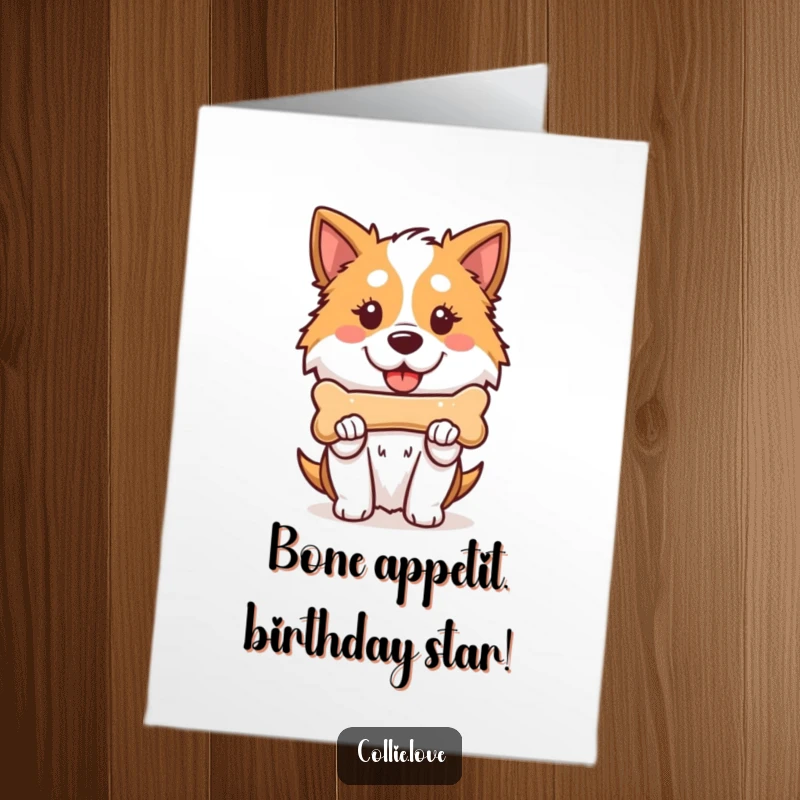 Funny Free Printable Birthday Card featuring a proud Kawaii Collie holding a bone, ready for a paw-some celebration.