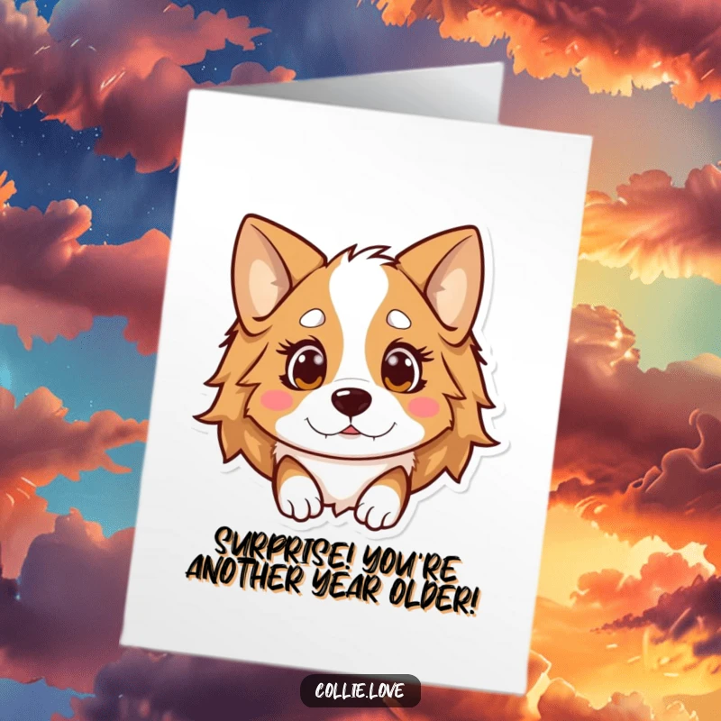 Funny Free Printable Birthday Card: a Kawaii Collie with floppy ears looks utterly surprised, a delightful birthday shock.