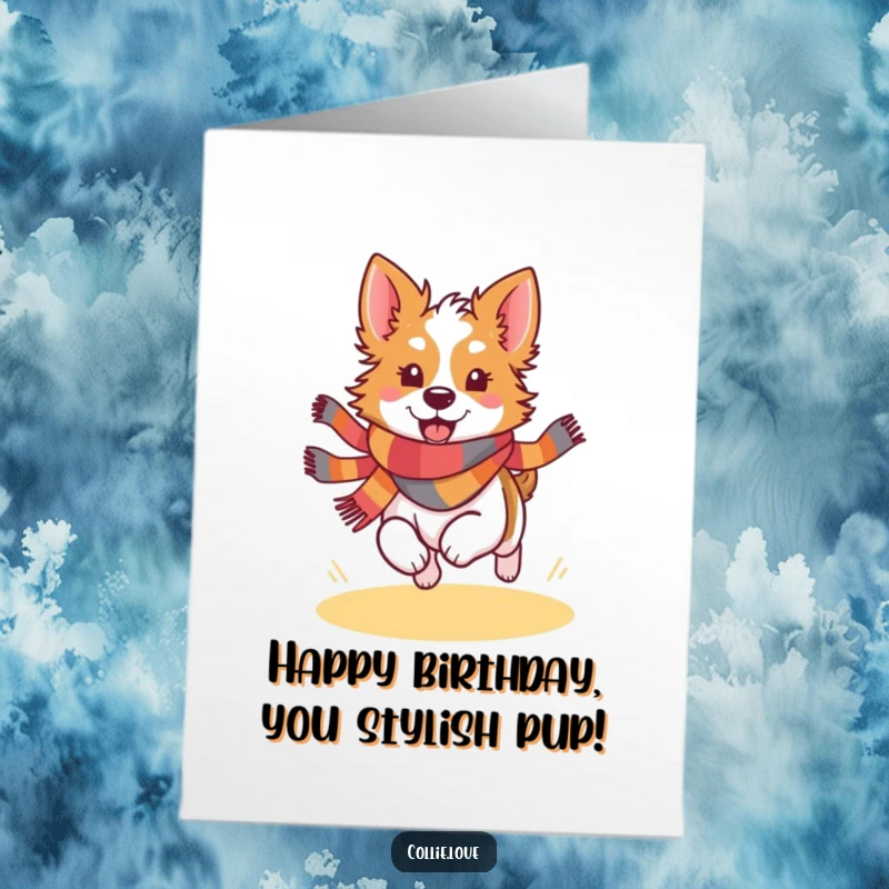 Funny Free Printable Collie Birthday Card: A happy dog wearing a colorful scarf runs with joy.